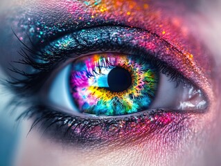 Mesmerizing Artistic Eye Poster: A Colorful Iris with Reflective Hues and Elegant Eyelashes - Perfect for Sporty Interiors and Vibrant Spaces!