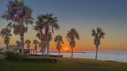Obraz premium Sunset Over Calm Waters With Palm Trees Framing the Beach at Twilight in a Coastal Town