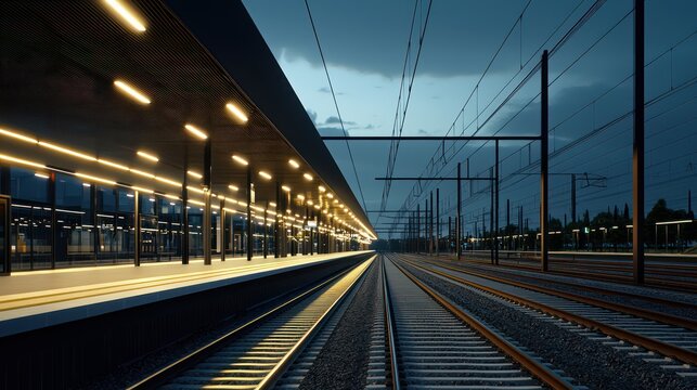 A modern train station with long, sleek lighting fixtures that run parallel to the tracks, enhancing both visibility and architectural interest