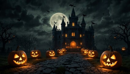 A haunted Gothic castle with glowing Jack-o'-Lanterns on Halloween night.
