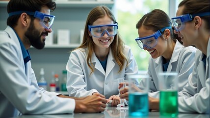Four scientists in lab coats and goggles are working on a project in a lab