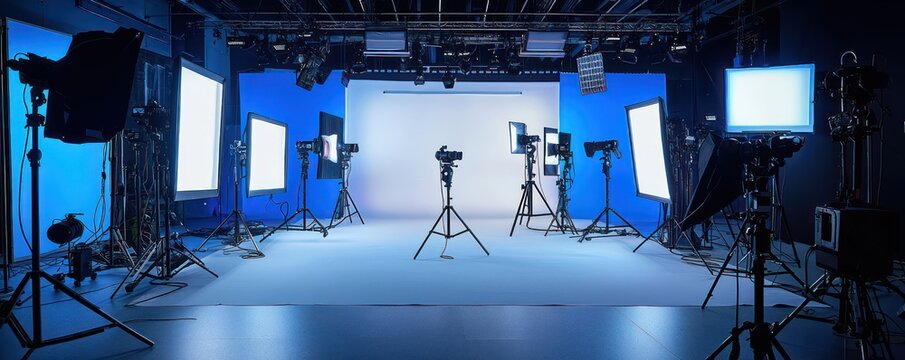 A professional photography studio with state-of-the-art LED lighting setups that simulate various times of day, enhancing the creativity and quality of photo shoots