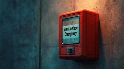 Create a 3D render of a red emergency box mounted on a wall, featuring a glass front labeled "Break in Case of Emergency" 