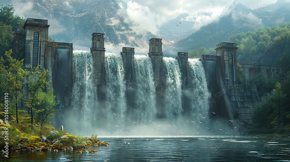 Wall mural Majestic Waterfall Dam in a Mountainous Landscape