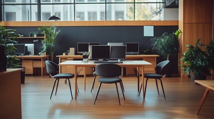 Office interior with armchairs and desks, equipped with PC computers and a large window, creating a bright, modern workspace