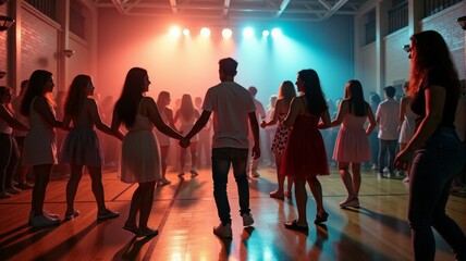 A group of young people dancing at a school event, lit by colorful spotlights