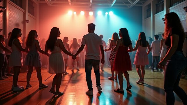 A group of young people dancing at a school event, lit by colorful spotlights