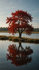 A lone tree with vibrant red leaves in a plain by water.
