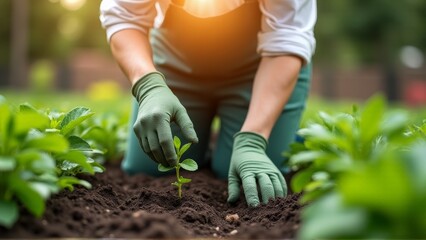 Fototapeta premium A gardener plants a seedling in the soil