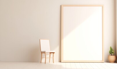 an empty white wall with white  frame mockup  featuring light wood paneling and cream-colored walls, accompanied by a small grey stool