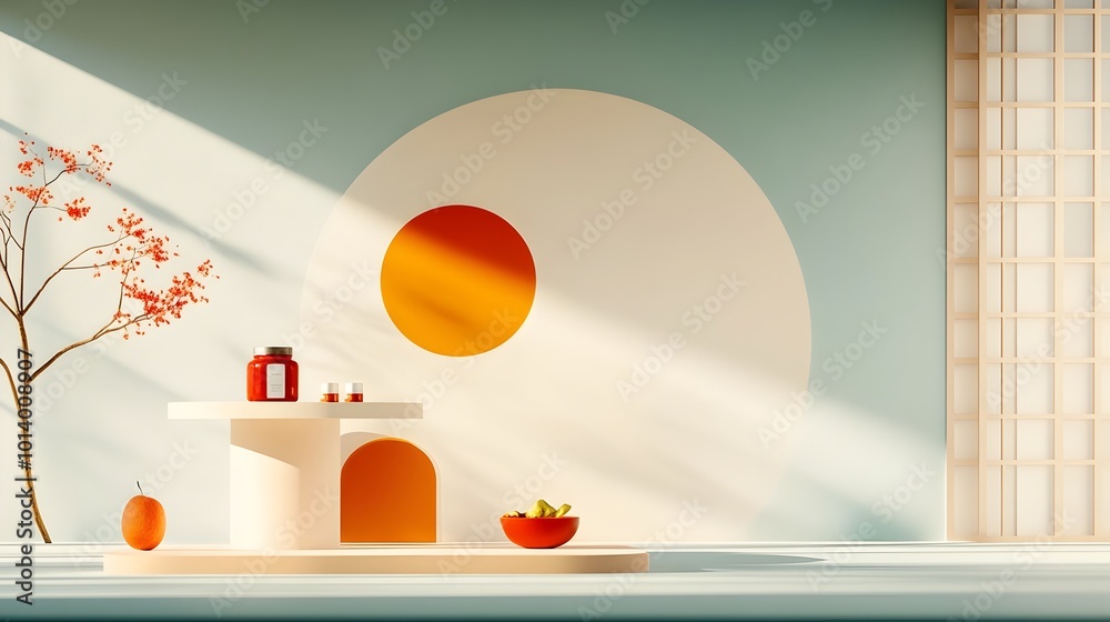 Poster a modern 3d digital rendering of a minimalist studio room with a geometric patterned backdrop an emp