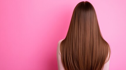 Naklejka premium Back view of Beautiful Long Straight Brown Hair With Pink Background,