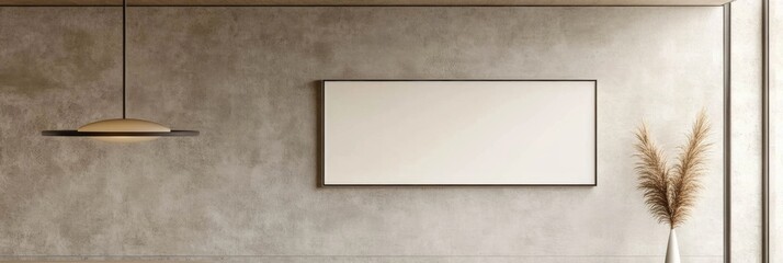 A blank white picture frame hanging on an empty wall, light gray walls with a beige ceiling, a modern interior design, a hanging lamp and pendant lights