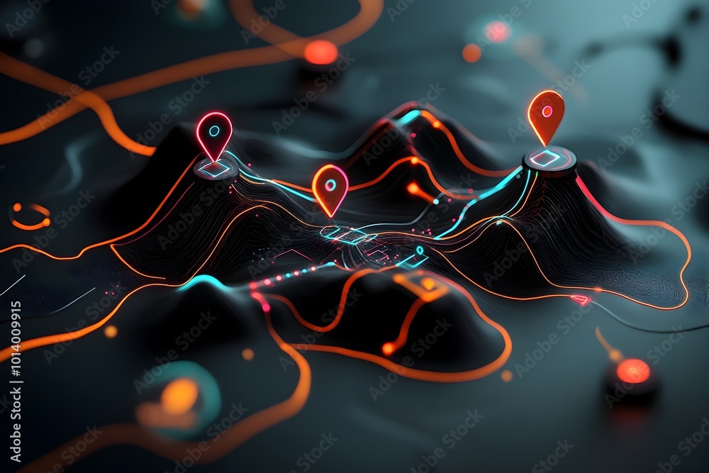 Poster visualizing the complex network of a smart mobility grid with a surreal abstract landscape showcasin