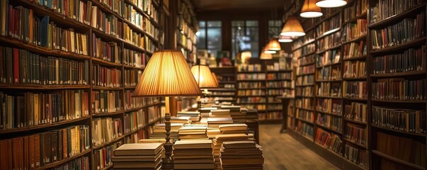 A vintage bookstore with custom-designed lampshades that cast warm, inviting light over the rows of books, enhancing the cozy ambiance