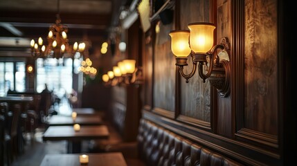 A vintage pub with antique sconces that cast a warm, amber light, creating an inviting and cozy atmosphere for patrons