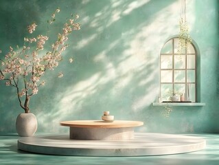 Obraz premium Modern 3D studio room with earthy green background empty floor and concrete wall product podium at center shadow overlay from window onto countertop mockup with golden natural sunlight