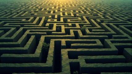 A complex, overgrown hedge maze with a bright light in the distance