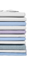 Stack of clean colorful t-shirts isolated on white
