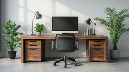 Minimalist home office workspace with a computer, desk lamp, plants and a chair.