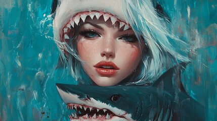 Surreal Portrait of Woman with Blue Hair Inside Shark's Open Mouth