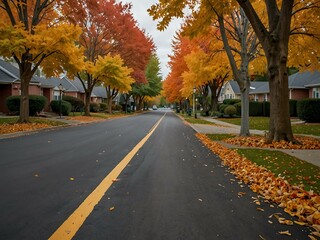 Naklejka premium A picturesque suburban street adorned with vibrant autumn foliage.