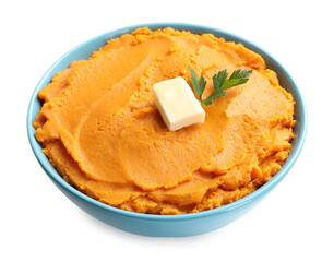Tasty mashed sweet potato with butter and parsley in bowl isolated on white