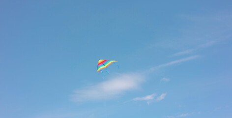 One colorful kite flying in blue sky