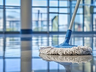 Modern Indoor Space with a Polished Floor and Mop: Perfect Poster for Motivating Sports Interiors and Promoting Cleanliness in Athletic Environments