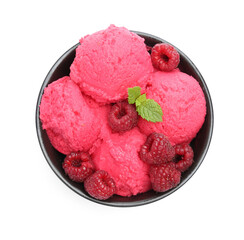 Delicious raspberry sorbet, fresh berries and mint in bowl isolated on white, top view