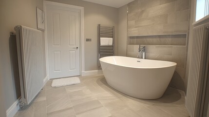 Modern bathroom with a freestanding bathtub, tiled walls and a towel rack.