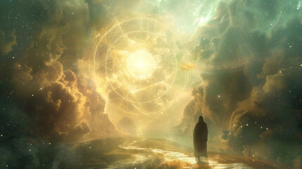 A visual of a dream filled with spiritual symbols, such as light and sacred geometry, representing personal spiritual growth.