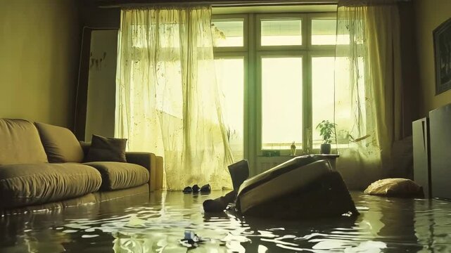 A flooded living room with water halfway up the sofa and submerged furniture. Sunlight filters through sheer curtains of a large window, creating a serene yet chaotic atmosphere. Conceptual themes