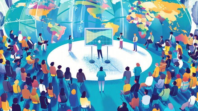 A visual of a global conference with attendees from all around the world, discussing diversity and inclusion strategies.
