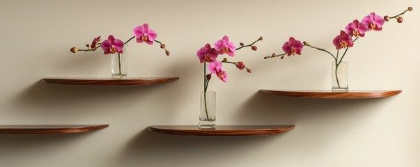 An elegant display of floating shelves, each supporting a single, delicate orchid in a slim glass vase