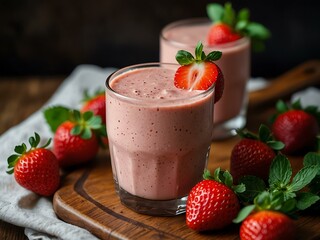 A refreshing strawberry smoothie garnished with mint and strawberries on a wooden tray.