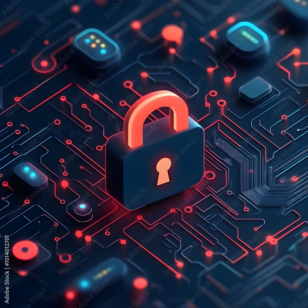 Poster glowing padlock icon symbolizing data protection embedded within a complex vibrant circuit board ter