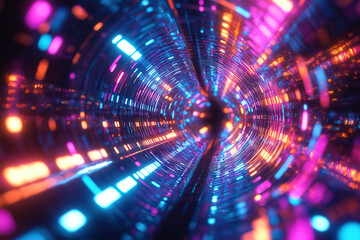 abstract art, circular lights pattern, neon lights in shape of tunnel, motion effect, red, blue and...