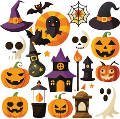 Sets of Halloween scary elements spooky items 