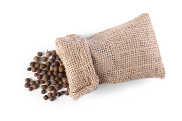 Burlap sack with allspice isolated on white, top view