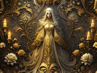 Elegant Halloween background with woman in ornate golden gown