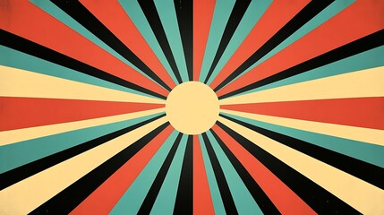 Fototapeta premium Vintage sunburst background with red, blue, yellow, and black stripes.