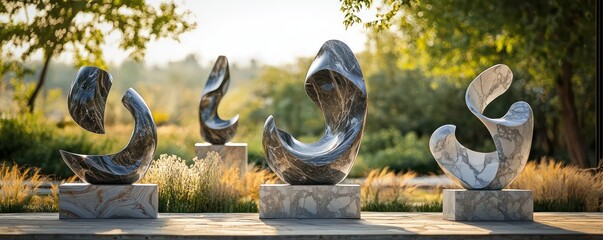 An outdoor sculpture garden featuring a collection of abstract marble sculptures, each reflecting a different part of the natural landscape