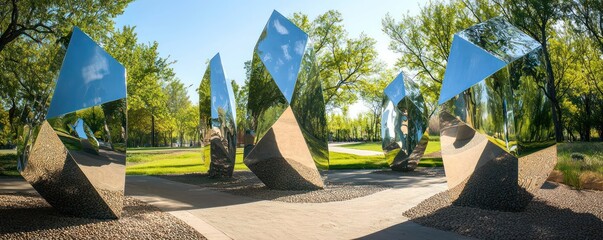 An outdoor art installation consisting of multiple mirror-polished stainless steel sculptures that reflect and distort the surrounding park environment