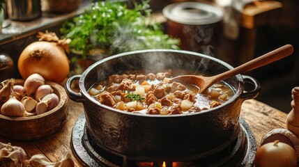 Inviting Kitchen Scene with Simmering Pot of Food