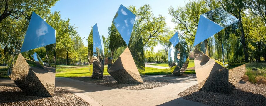 Naklejki An outdoor art installation consisting of multiple mirror-polished stainless steel sculptures that reflect and distort the surrounding park environment