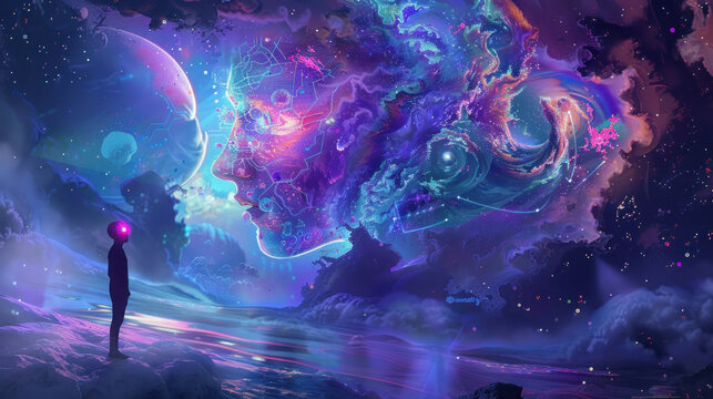 A visual of a person using a dream mask or brainwave monitoring device to enter a lucid dream state, exploring a digital dream world.