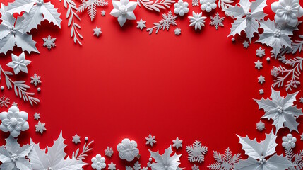 White Christmas decorations in a beautiful arrangement on a red background with space for text. This festive minimalistic design is ideal for holiday greetings, concept for Christmas and New Year