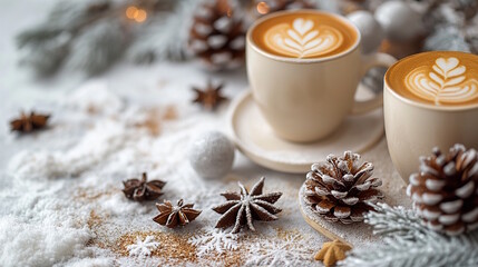 Fototapeta premium Cups of coffee with latte art, pine cones, and star anise on a snowy winter background. A cozy winter coffee break scene, perfect for holiday or wintertime concepts, Christmas and New Year theme