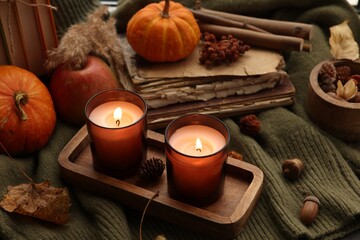 Burning candles, books and autumn decor on green sweater